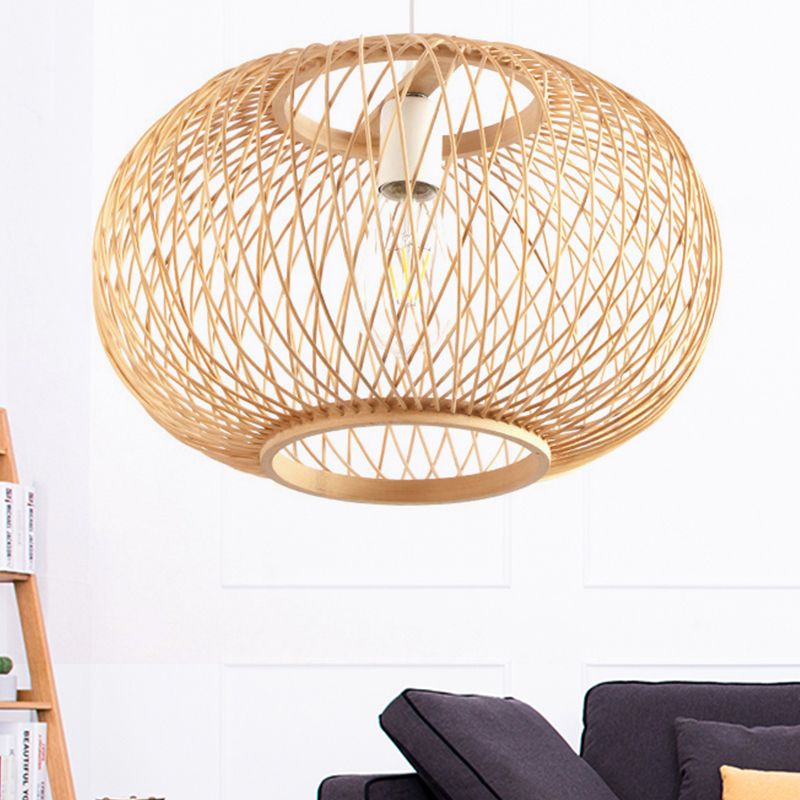 Bamboo Rounded Drum Pendant Lighting Asian Style 1 Bulb Hanging Lamp for Living Room, 16"/19.5" Wide