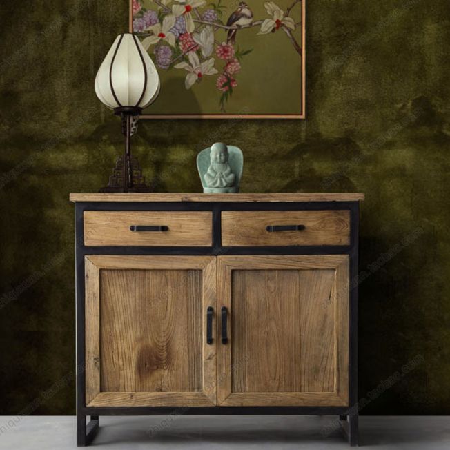 Industrial Distressed Wood Accent Cabinet with Drawers in Solid Wood