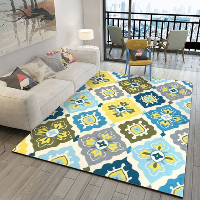 Retro Azulejo Pattern Rug Multicolor Polyester Rug Washable Pet Friendly Anti-Slip Carpet for Living Room