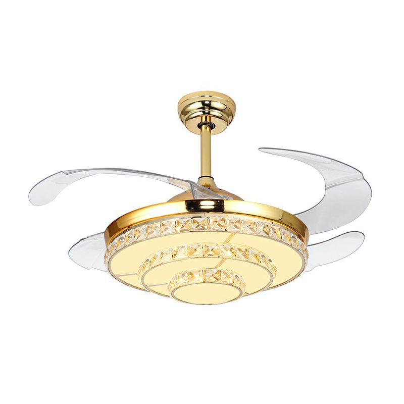 4-blade gelaagde Ronde slaapkamer Hangventilator Licht Crystal Modernistische LED Semi Flush Light in goud, 42 "W