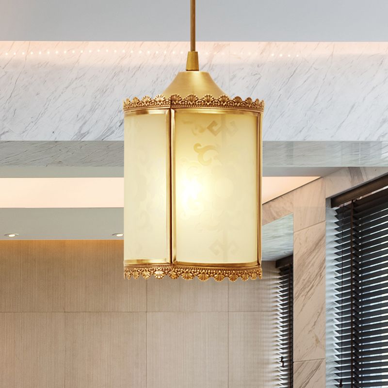 Brass Cylinder Pendant Lighting Vintage Opal Glass 1 Light Dining Room Hanging Ceiling Lamp