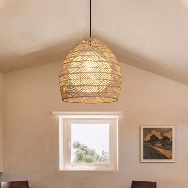 Bell Suspension Lighting Traditional Rattan 1 Bulb Wood Hanging Ceiling Light for Guesthouse