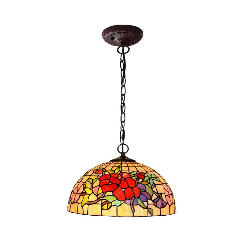 2 Lights Floral Ceiling Chandelier Tiffany-Style Red/Pink Stained Glass Pendant Lamp for Kitchen