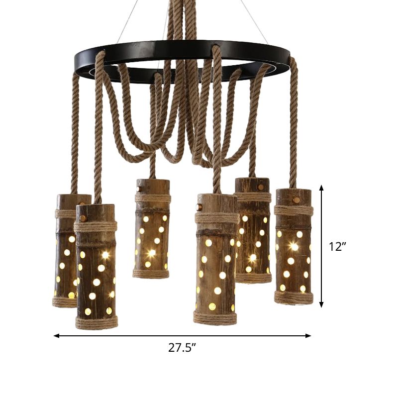 Black Cutout Tube Chandelier Light Industrial Bamboo 6 Bulbs Living Room Drop Lamp with Rope