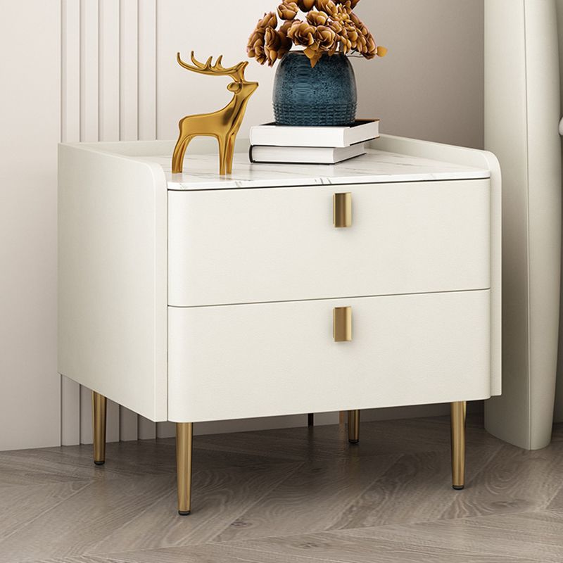 Glam 2-Drawer Nightstand Stone Top Solid Wood Legs Included Bed Nightstand