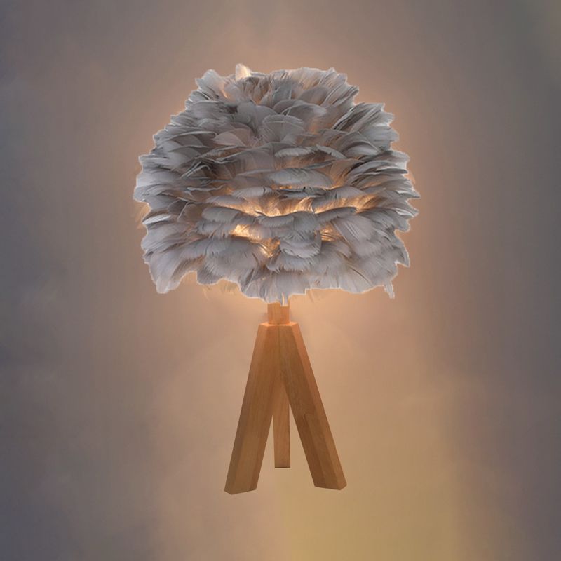 Goose Feather Dome Night Light Nordic 1 Bulb Grey/White/Pink Table Lamp with Tripod/Straight Stand in Black/White/Wood