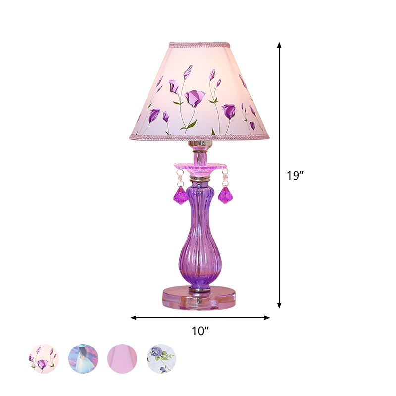 Romantic Pastoral 1 Light Night Lamp Purple Cone/Scalloped Nightstand Light with Fabric Shade and Crystal Accent