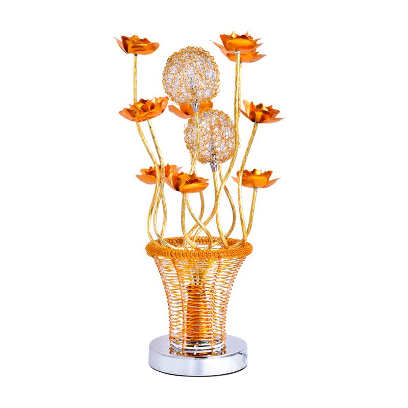 Basket-Like Aluminum Desk Light Art Decor Bedside LED Vine Night Table Lamp with Blossom and Orb Decor in Gold/Silver