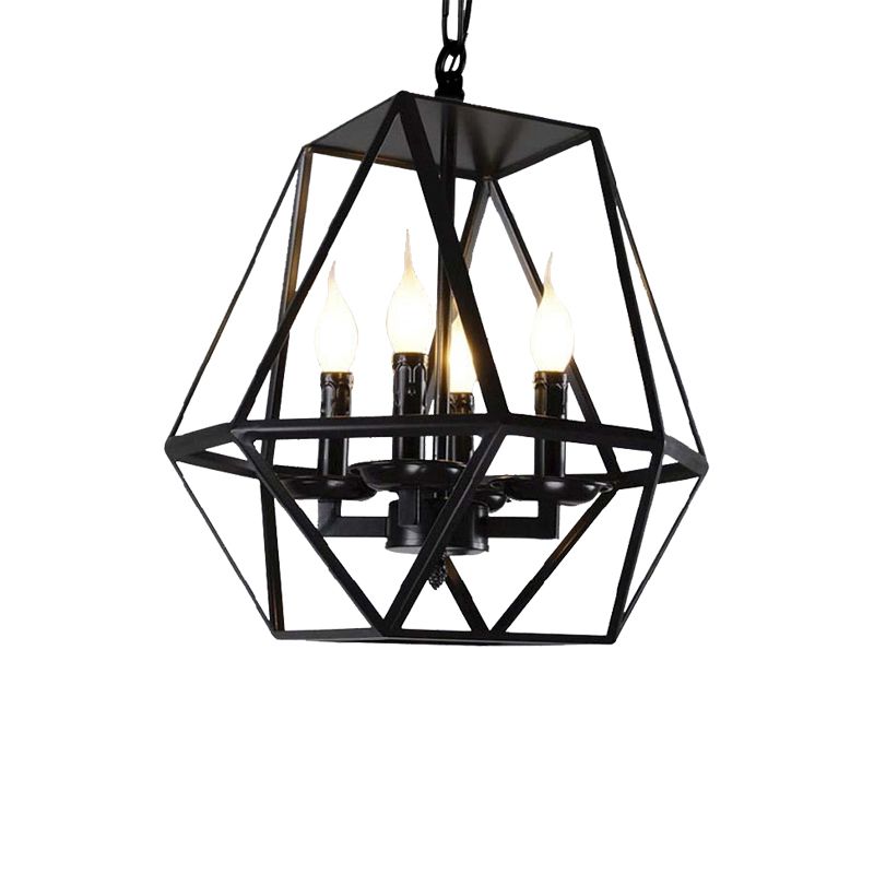 Zwart 4 koppen plafondlamp armatuur retro industriële metaal geometrische kooi kroonluchter lamp met verstelbare ketting