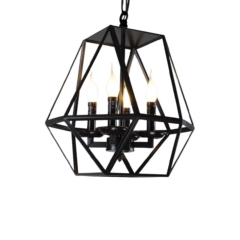 Black 4 Heads Plafond Lightture Retro Industrial Metal Metal Geometric Cage Cage Chandelier avec chaîne réglable