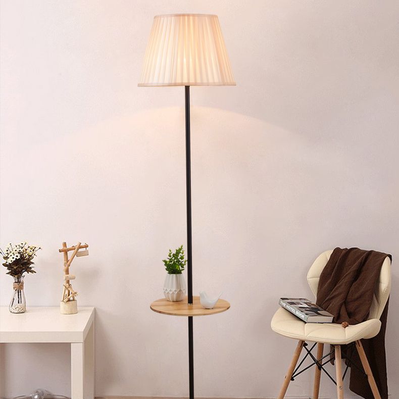 Nordic Style Iron Floor Lamp Cloth Shade Bulb Floor Light with Wooden Table for Bedroom