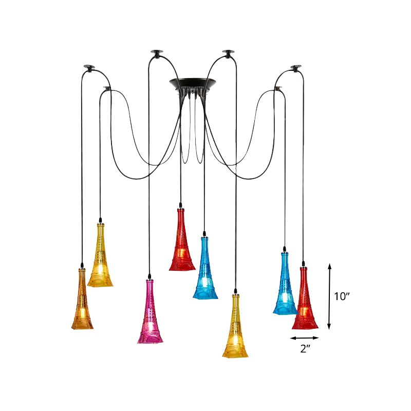 Black 8 Bulbs Multi Light Pendant Antiqued Colorful Glass Eiffel Tower Shape Swag Ceiling Hang Fixture