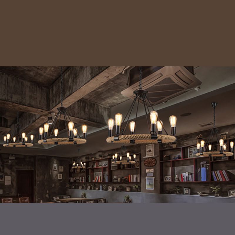 Industrial Chandelier Bare Bulb Manila Rope Retro Coffee Shop Retaurant Indoor Light