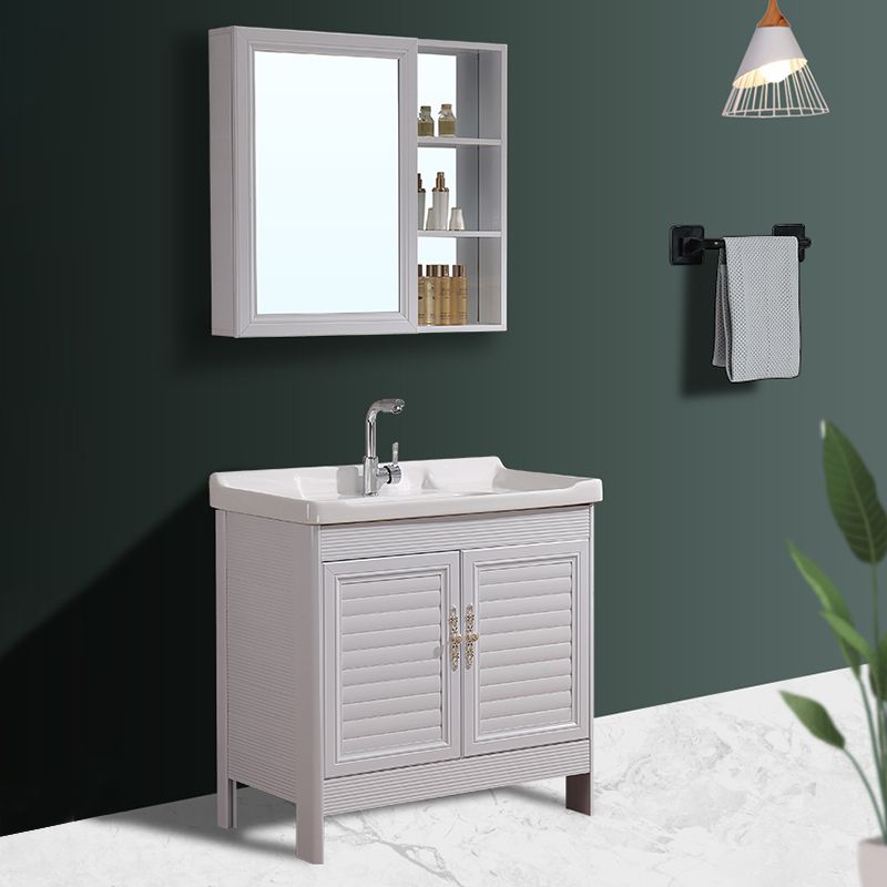 White Freestanding Vanity Rectangular 2 Doors Metal Frame Mirror Single Sink Vanity