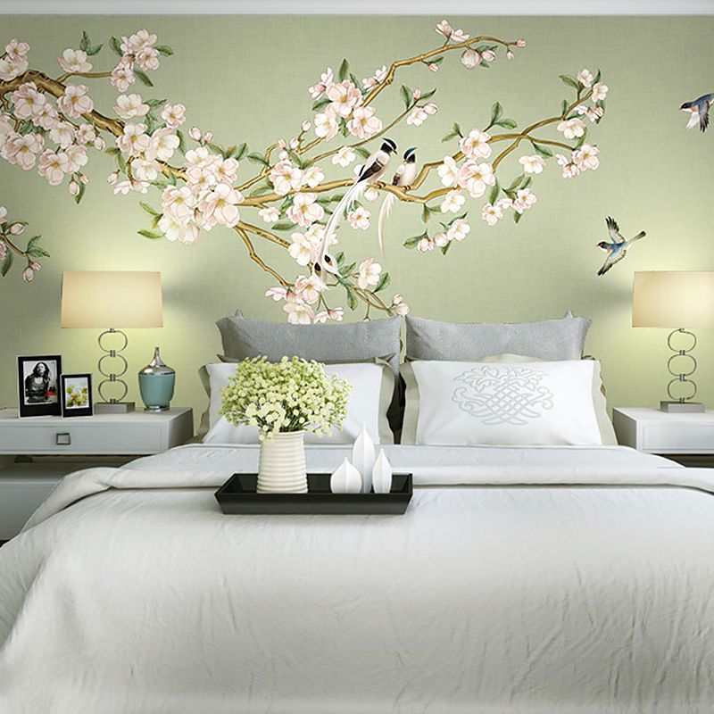 Extra Large Peach Flower Mural in Pink and Green Non-Woven Wall Art for Guest Room, Custom-Printed