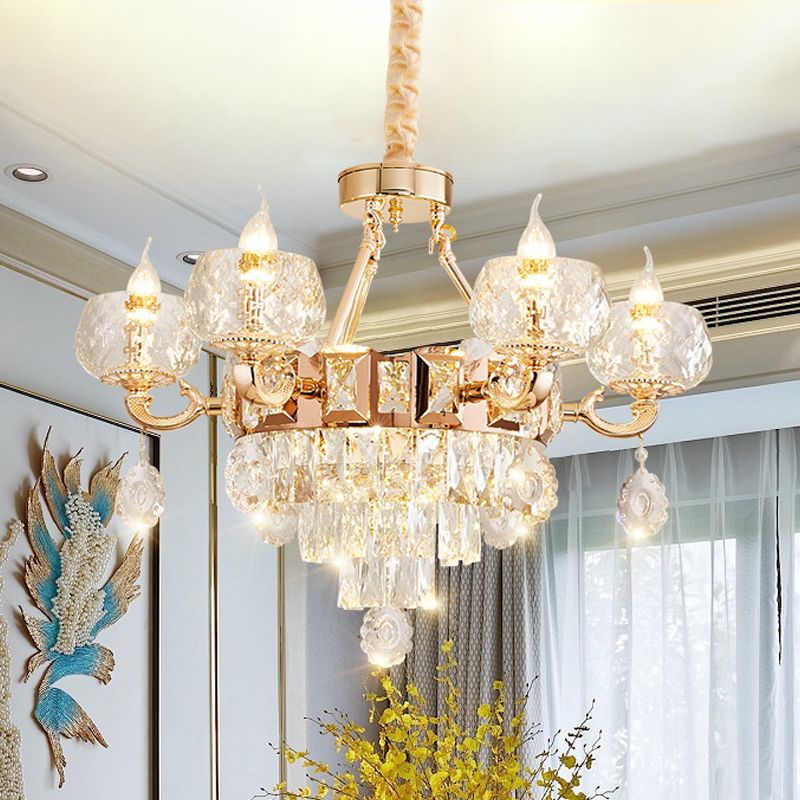 6/8 Bulbs Bowl Shade Drop Pendant Contemporary Clear Crystal Chandelier Lamp in Gold with Candle Design