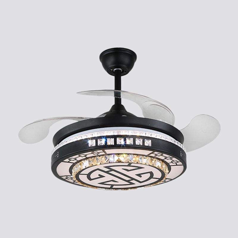 4 Blades Layered Bedroom Semi Flush Crystal 20" Wide LED Simplicity Hanging Fan Light Fixture in Black