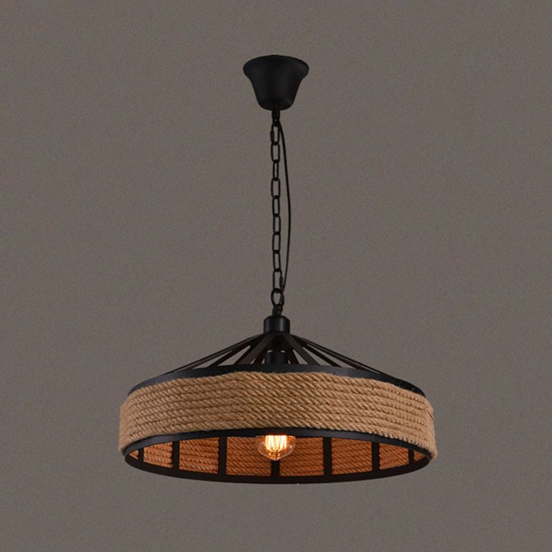 Drum Metal Pendant Light Industrial 1 Light  Rope Hanging Lamp in Black