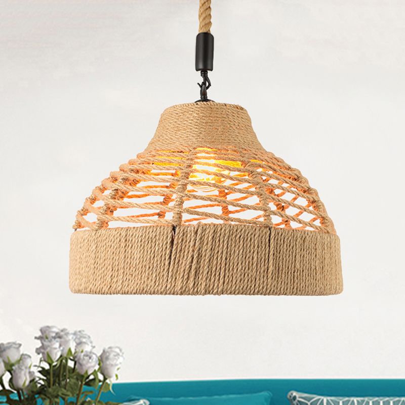 Rope Flared/Bowl Cage Shade Pendant Light Vintage Industrial 1 Head Restaurant Hanging Lamp in Beige