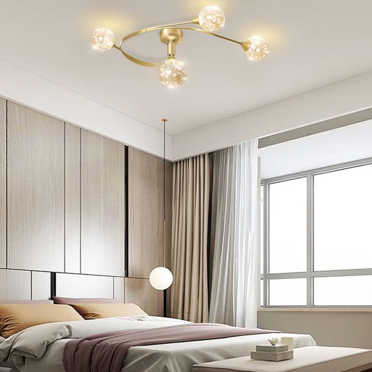 Metal Curve Semi Flush Mount Minimalist Starry LED Ceiling Light with Ball Glass Shade