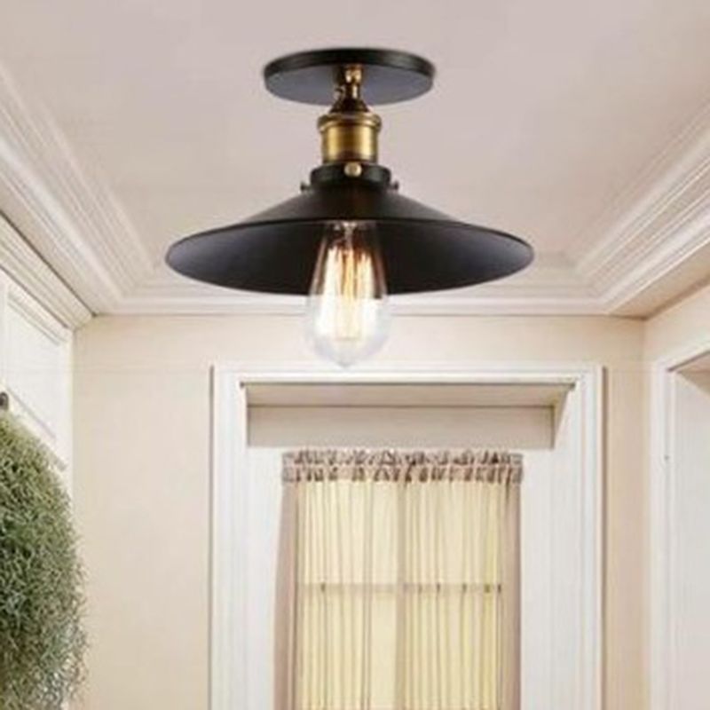 Semi-Flush Ceiling Fixture Retro Cone Metal Semi Flush Mount Ceiling Light in Black