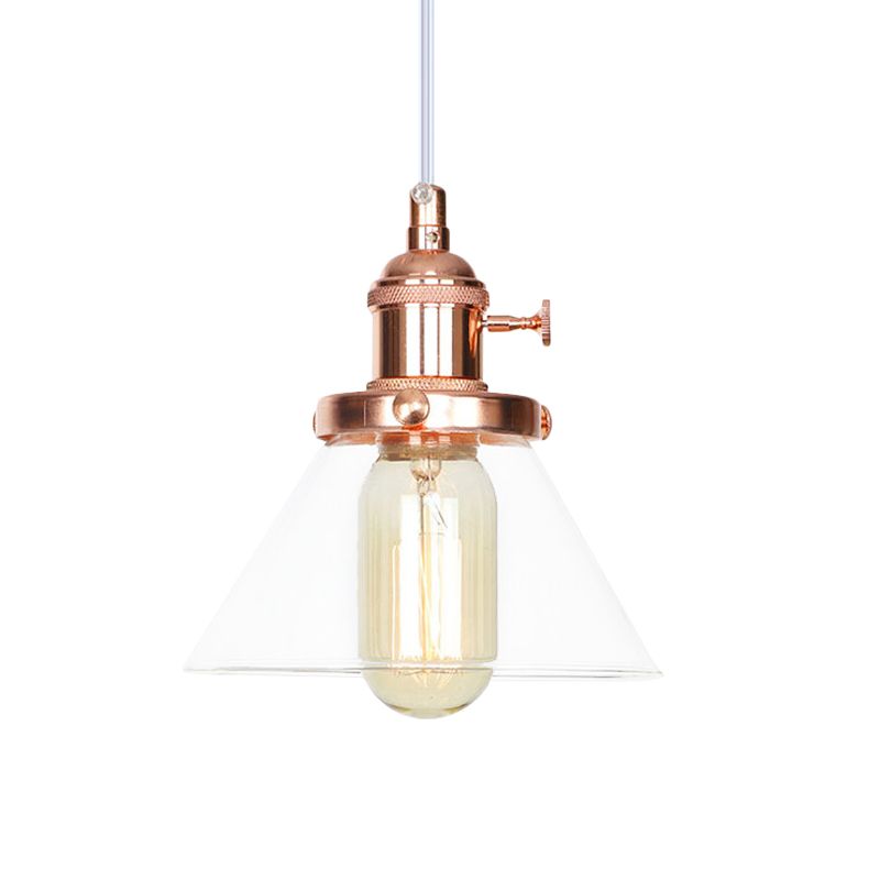 Conical Hanging Light Fixture Vintage Style Amber/Clear Glass and Metal 1 Head Kitchen Pendant Lamp in Black/Bronze/Brass