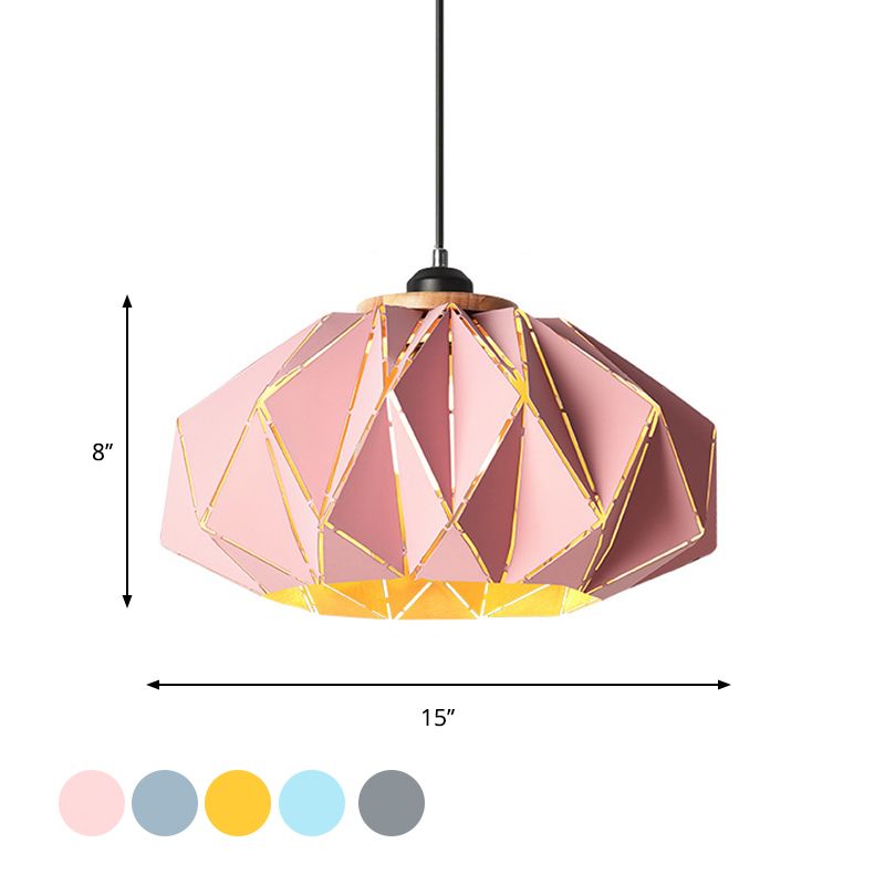 1 Head Restaurant Pendant Lamp Macaron Grey/Pink/Blue Ceiling Hanging Lantern with Laser Cut Iron Shade