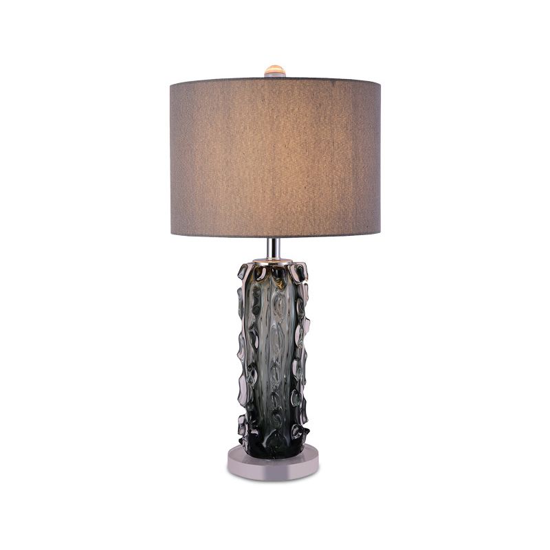 1 Head Night Stand Lamp Modern Pale Barrel Fabric Shade Table Light with Embossed Crystal Column in Dark Gray