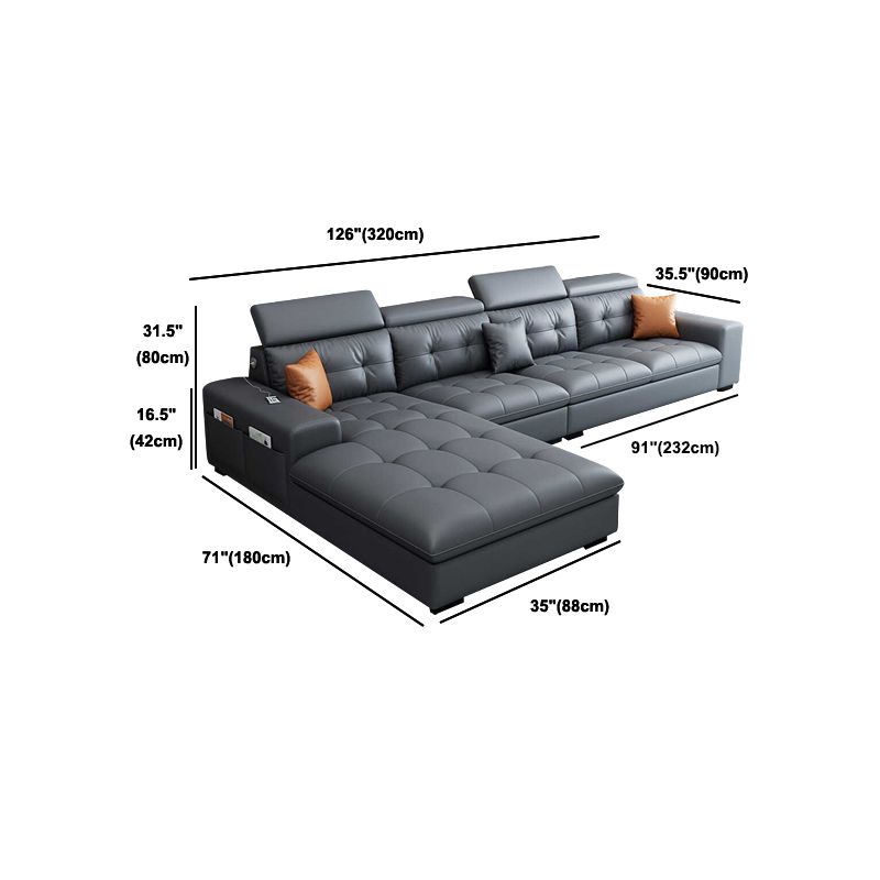 Modern Tufted Sofa & Chaise Recessed Arm Grey Faux Leather Sofa with Storage