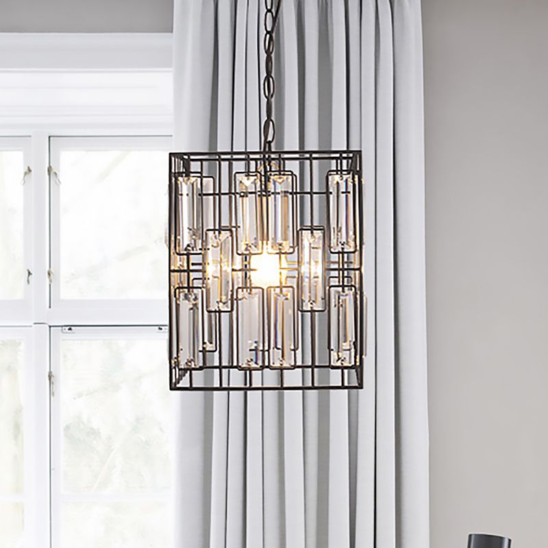 Black Cubic Cage Pendant Light Industrial Metal 1 Light Suspension Light with Crystal Accent for Restaurant