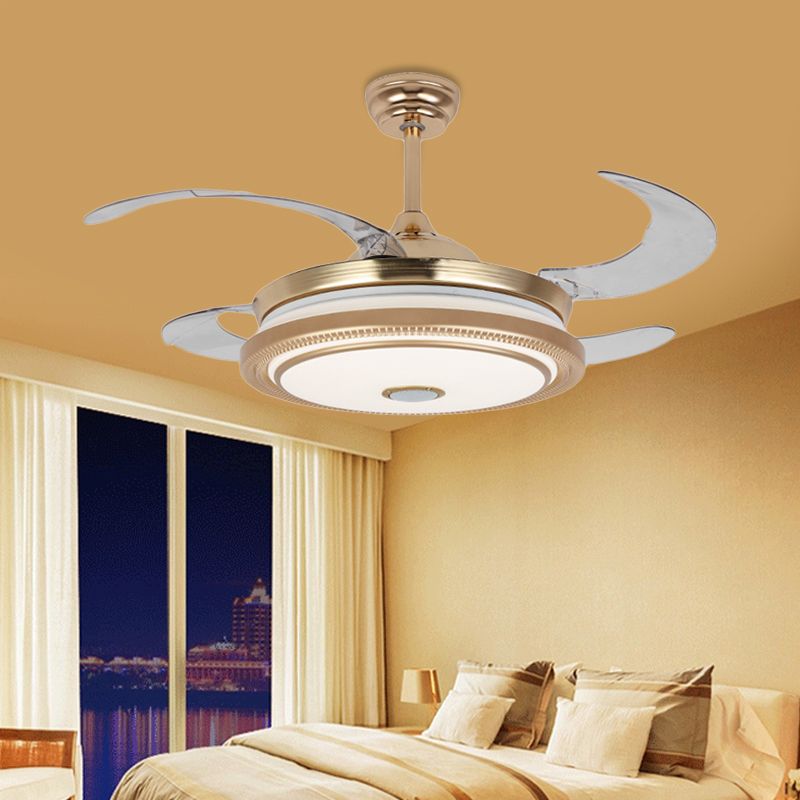 42" Wide LED Ring Fan Lamp Minimalist Gold Metal Semi Mount Lighting with 4 Blades for Bedroom, Remote/Wall Control/Remote and Wall Control