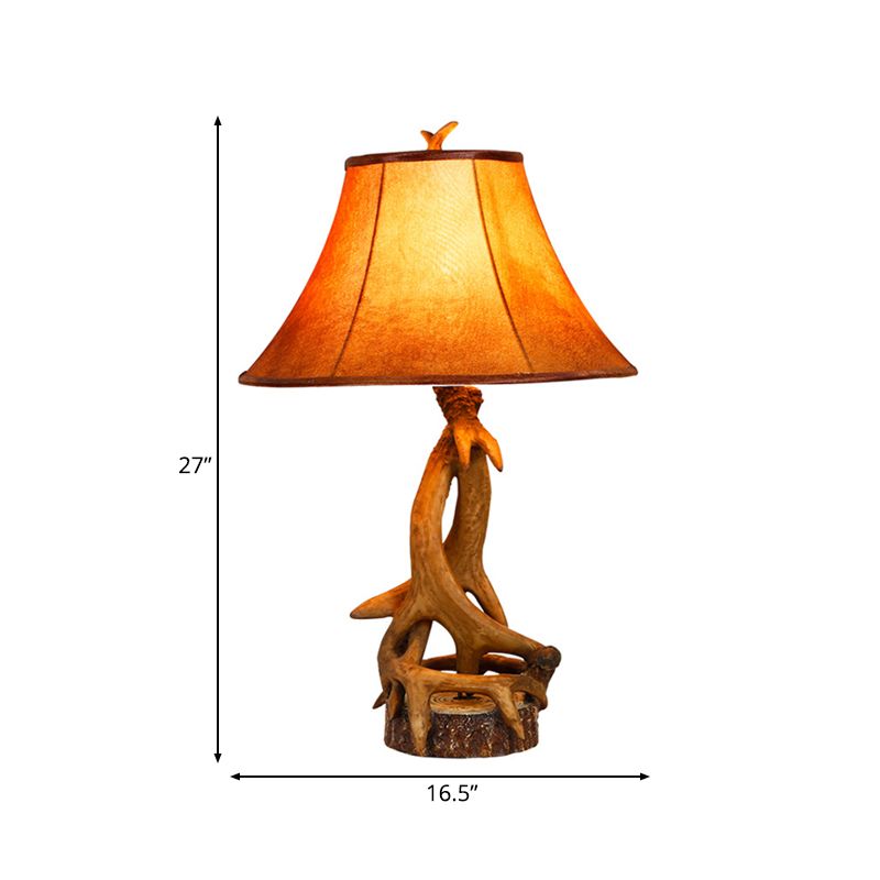 1 Light Barrel Desk Lamp Traditional Wood Fabric Task Lighting for Bedroom with Antler Accents