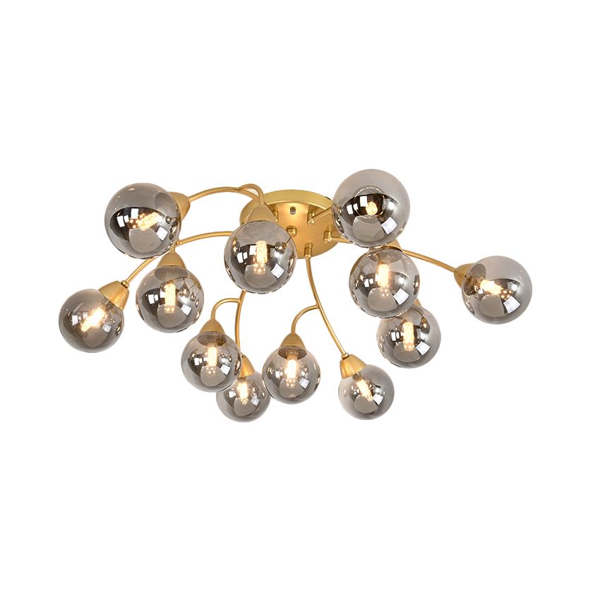 Grape Shape Semi Flush Lamp Modernist Amber/Smoky/Cream Glass 6/12 Lights Gold Led Semi Flush Mount Light Fixture