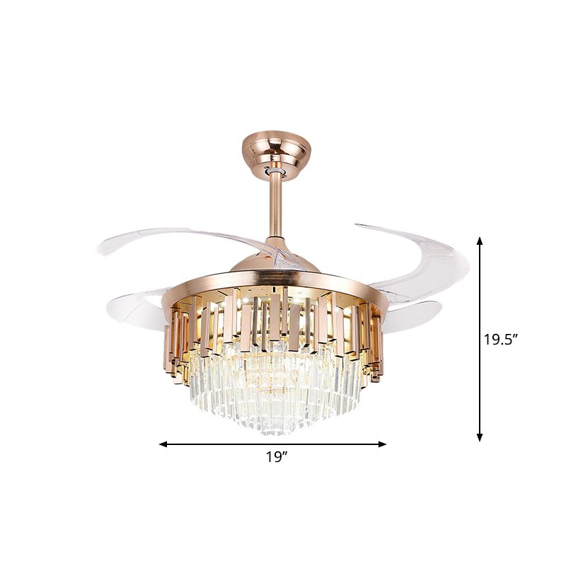 Gelaagde 4-blade semi-spoelmontage Licht eenvoudig kristal rechthoek 19 "W LED Parlor Pendant ventilatorverlichting in goud