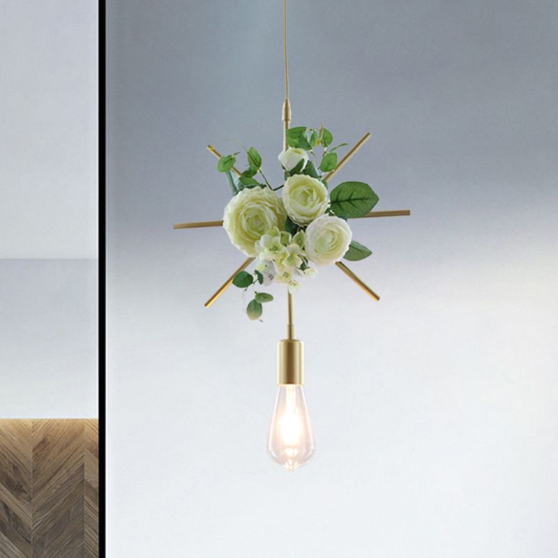 Farmhouse Fake Floral Ceiling Lamp 1 Light Metallic Pendant Light in Green with Triangle/Square/Linear Frame