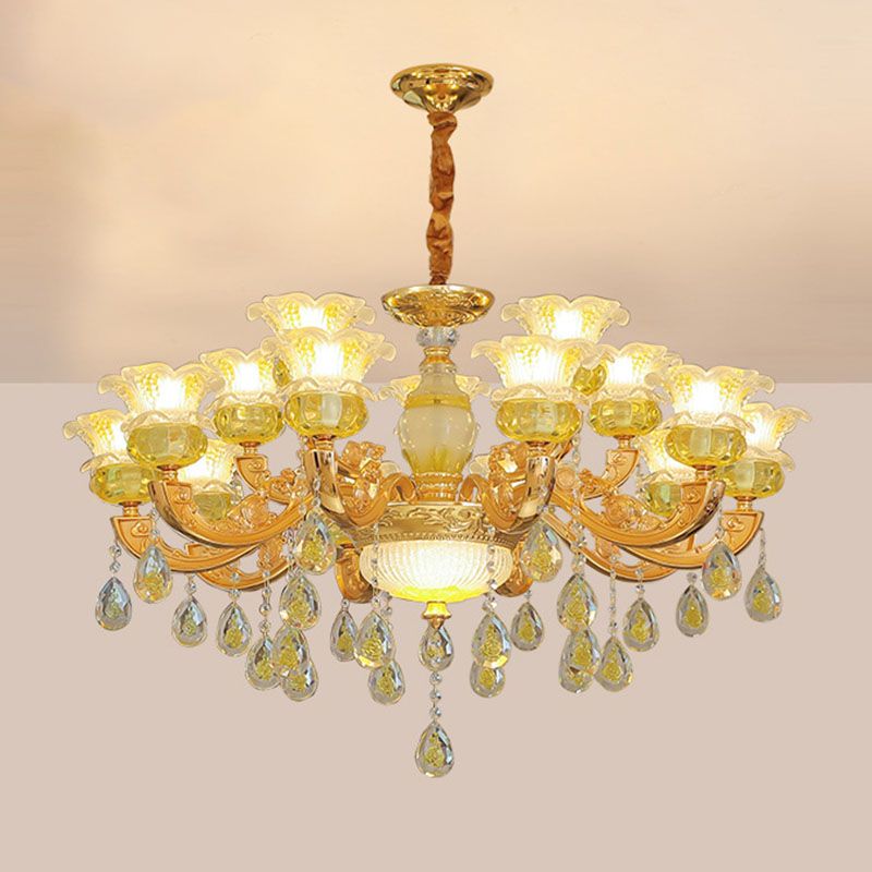 Floral K9 Crystal Drop Lamp Contemporary Gold Chandelier Light Fixture for Bedroom