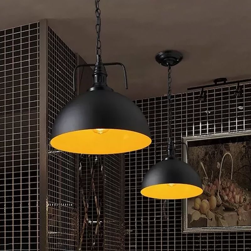 Dome Iron Hanging Pendant Industrial Single-Bulb Restaurant Ceiling Light with Vent in Black