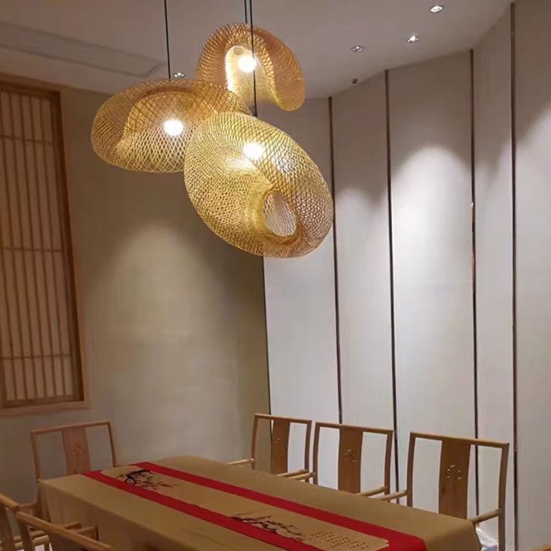 Beige Hand-Worked Pendant Chinese Style Single Light Bamboo Hanging Light for Dining Table