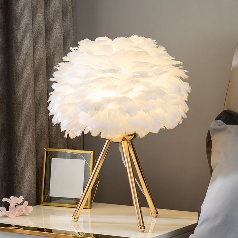 Bloom Nightstand Lamp Nordic Feather Single White/Pink Table Light with White/Gold Tripod for Bedroom