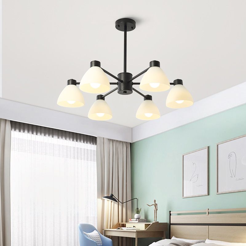 6/8/12-Head Dining Room Suspension Light Modern Style Black Finish Chandelier Lamp with Dome White Glass Shade