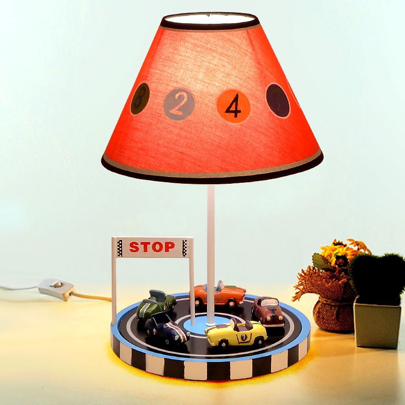 Kids Tapered Fabric Table Light 1-Bulb Nightstand Lighting in Red with Racing Vehicle Decor