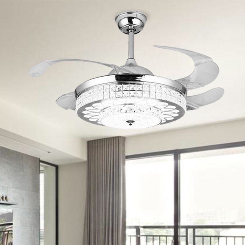 Silver/Gold 2-Tier LED Downrod Ceiling Fan Modernist 4-Blade Faceted Crystal Hanging Lamp with Wall Control/Remote Control/Frequency Conversion