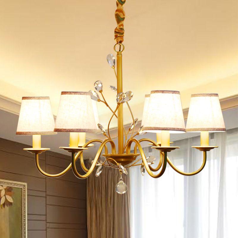 Flared Pendant Chandelier Contemporary Fabric Shaded 6/8 Lights Brass Ceiling Light Fixture with Crystal Accents