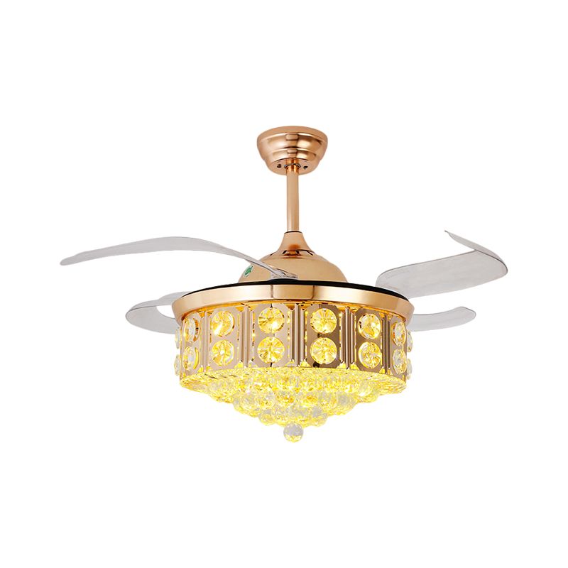 19" W Modern LED Ceiling Fan Light Gold Conical Semi Flush Mount with Faceted Crystal Shade, 4-Blade