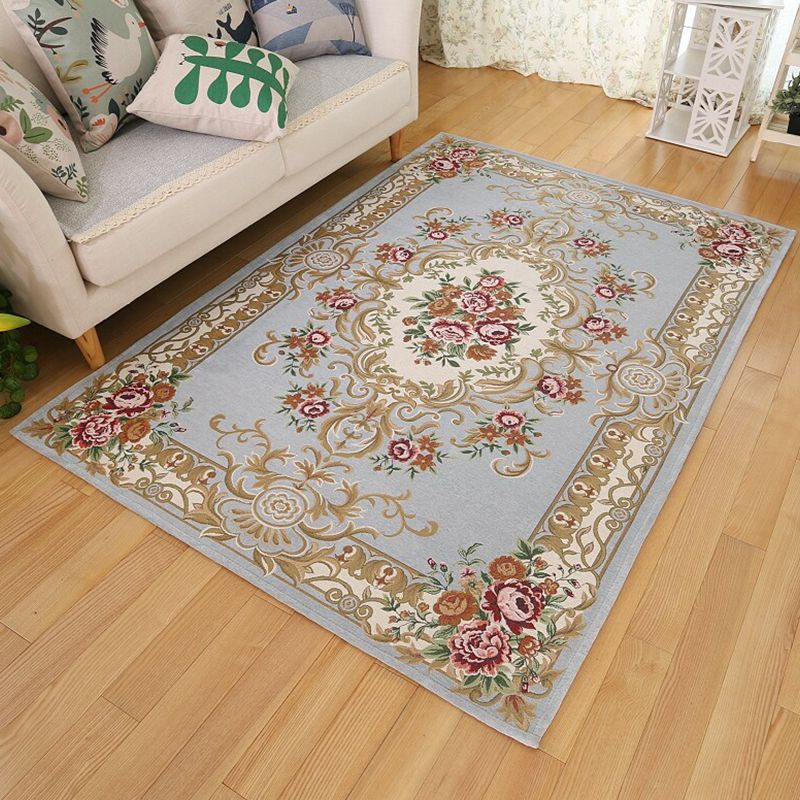 Vintage Sleeping Room Rug Beige and Blue Flower Pattern Carpet Polyester Anti-Slip Backing Machine Washable Area Rug