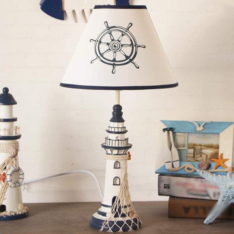 Red/Dark Blue Lighthouse Night Lamp Kids 1 Bulb Resin Table Light with Cone Fabric Shade and Remote Control/Dimmer Switch/Power Switch