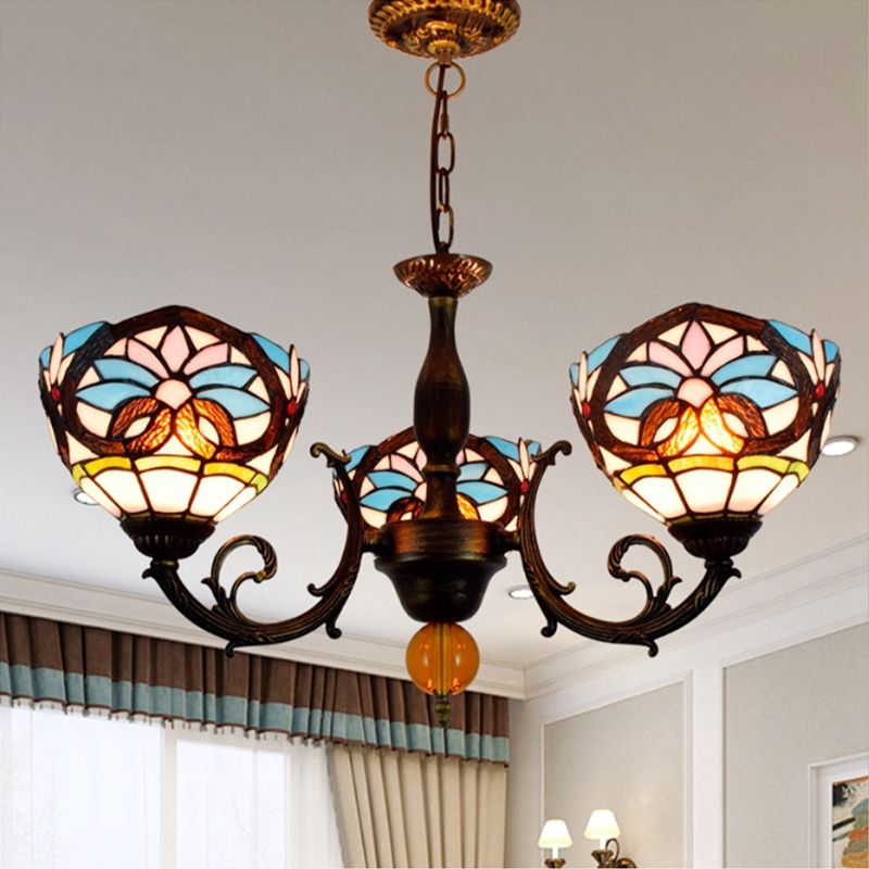 Lodge Bowl-Shaped Chandelier Stained Glass 3 Lights Decorative Inverted Chandelier with Crystal in Multicolor