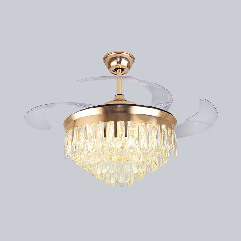 Cascading Ceiling Fan Lighting Simple Crystal Rectangle Great Room 19" W LED Semi Flush in Gold with 4-Blade