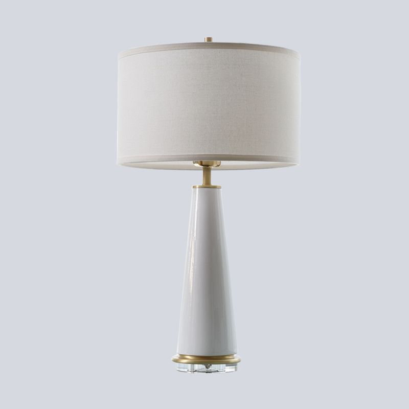 Fabric Cylinder Table Light Modern 1 Bulb Desk Lamp in White with Cone Ceramic Base