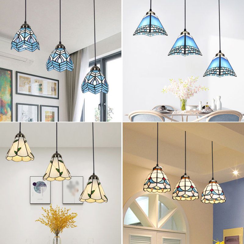 Gebrandschilderd glazen gearceerd hangend licht traditionele 3 koppen bronzen multi -light hanger